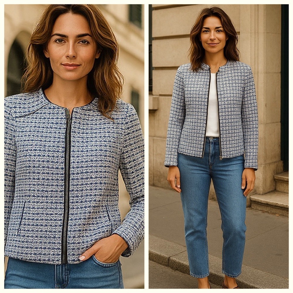 J. CREW White with Blue Hearts Full Zip Cropped Blazer, Size X Small